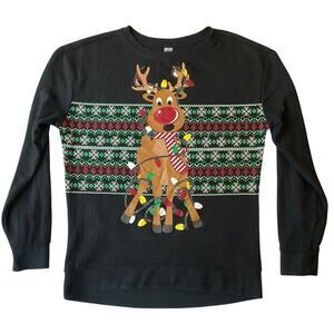 No Boundaries Women Sweatshirt M (7-9) Black Fair Isle Reindeer Christmas